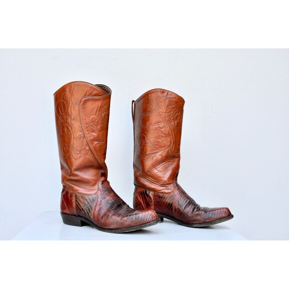 Cowgirl Cowboy Boots 2 Tones Leather Tony Lama Embroidered Country Southwestern